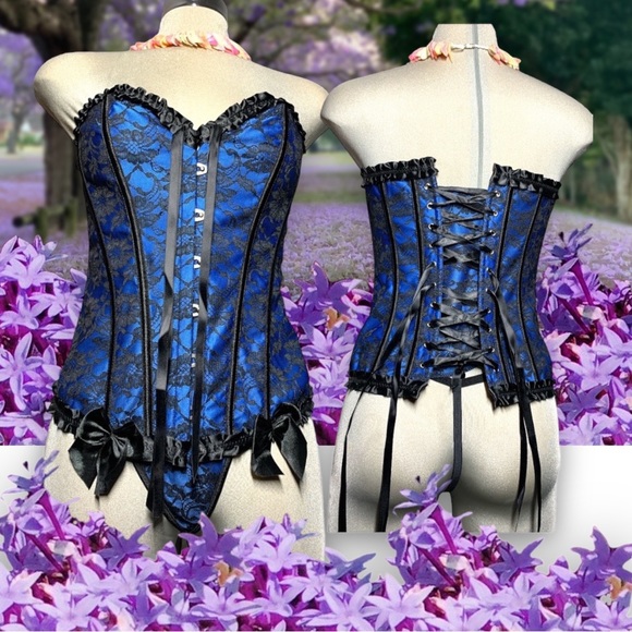 *NEW*Gorgeous Sexy Blue and Black Women Bustier Corset Set Lace Up Bone… - Picture 4 of 17
